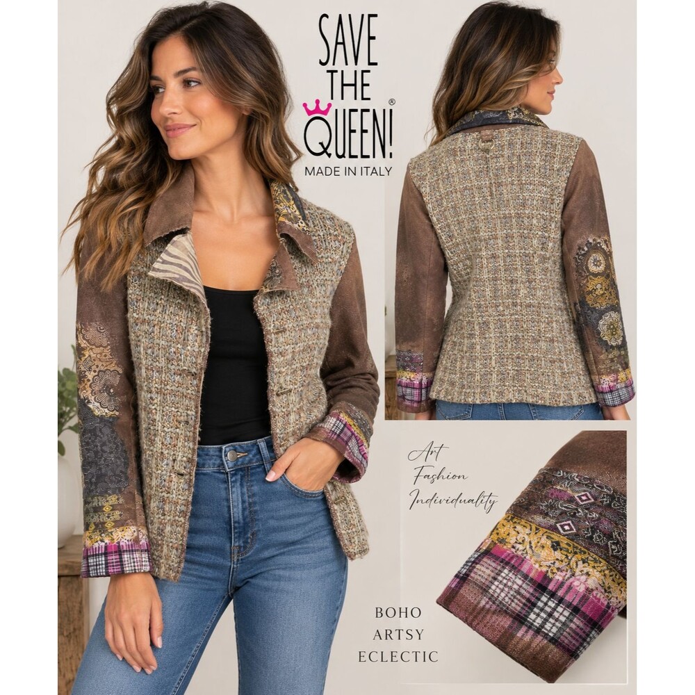 Save the Queen Italy Leather Wool Knit Jacket S Patchwork Boho Artsy